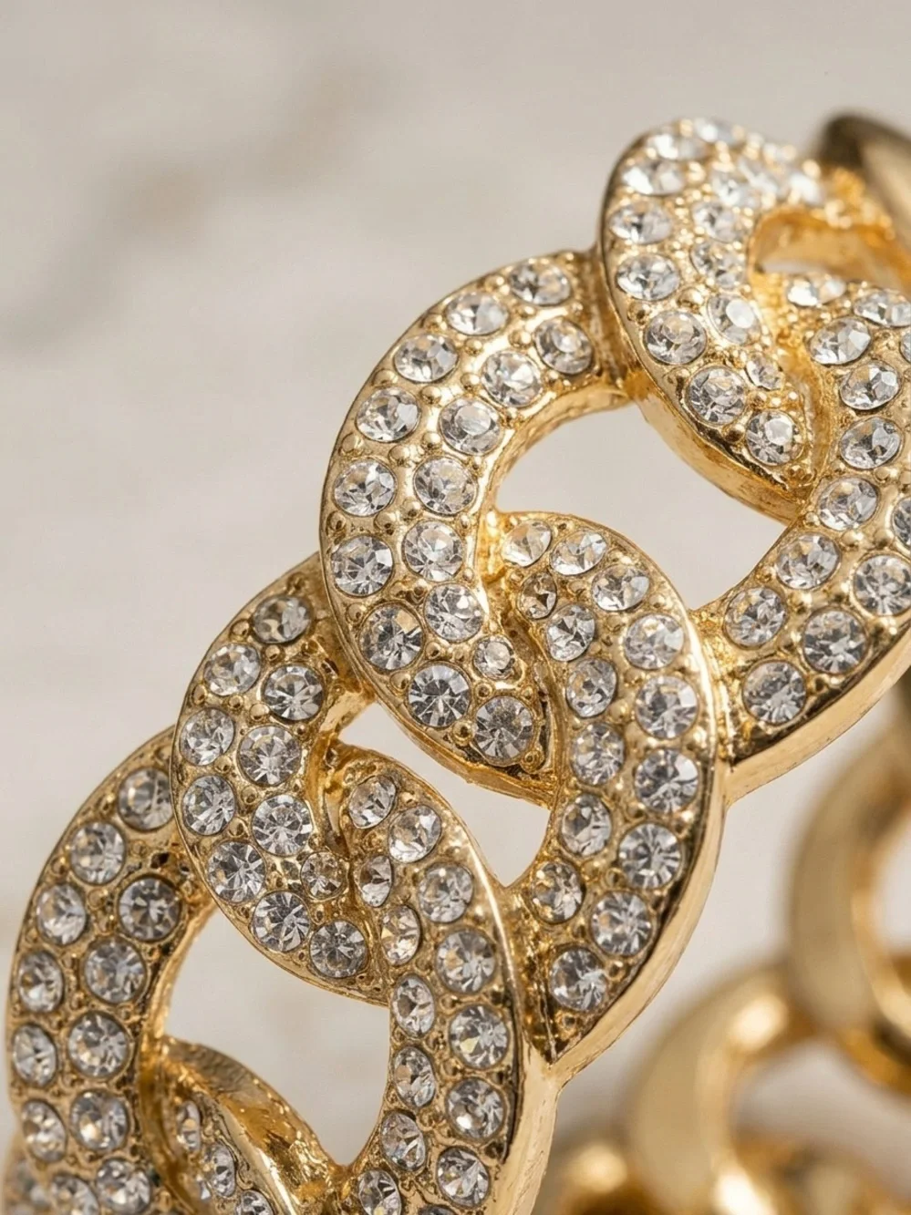 Gold-Tone Crystal Pave Chunky Stretch Chain Link Bracelet Excellent Condition